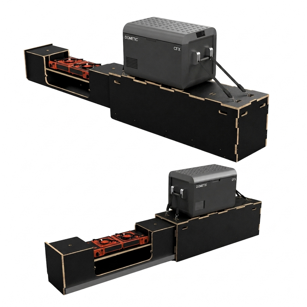 BOXED Kitchen Box — slide-out van kitchen unit mounted inside a camper van